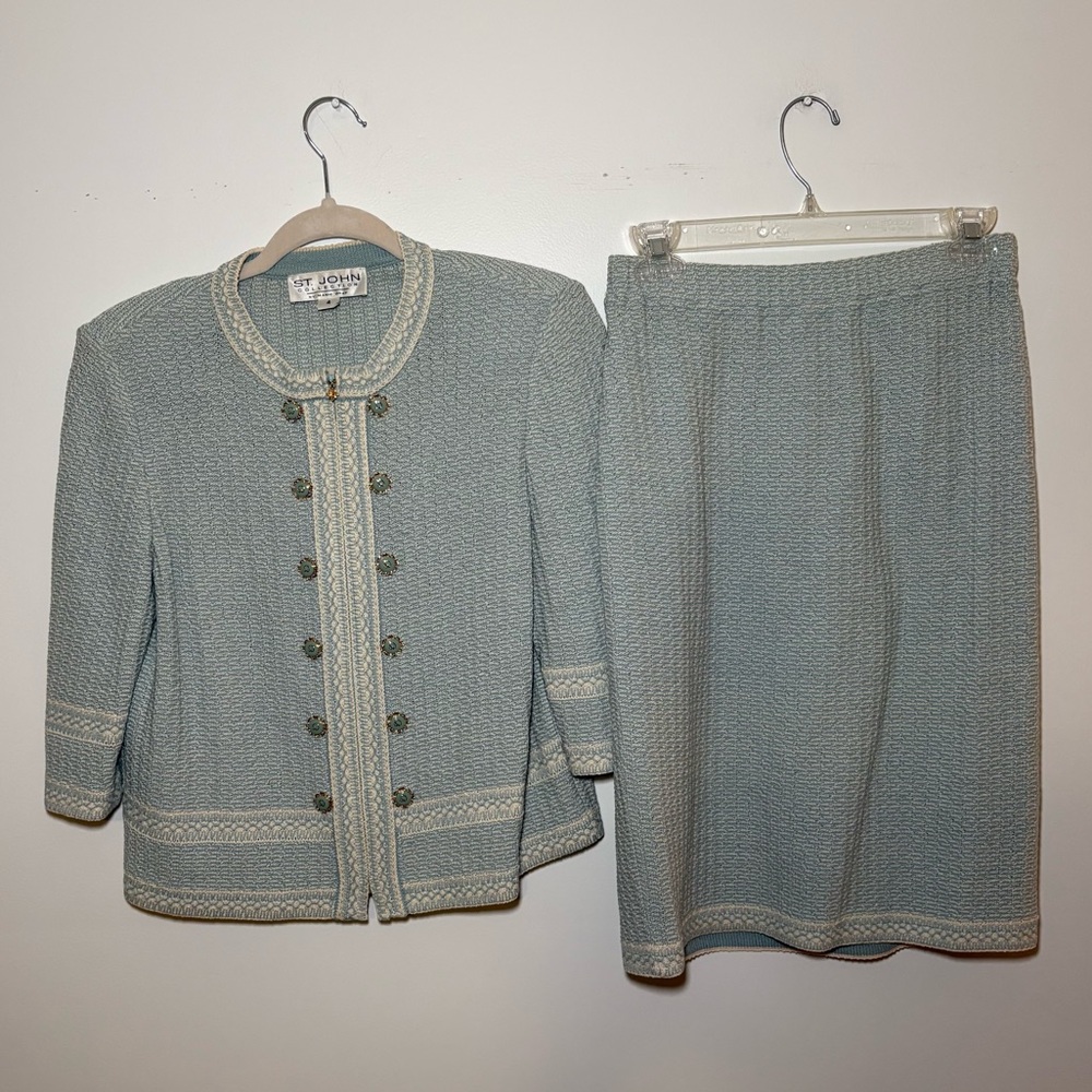 St. John by Marie Gray Vintage Light Blue Knit Skirt Set Size 4 Luxury Classic